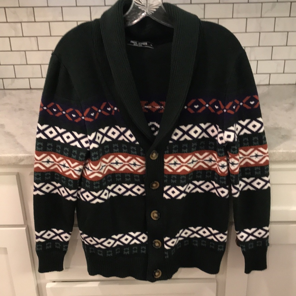 Paul Jones Cardigan Sweater Mens S Green Fair Isle Shawl Collar Argyle Preppy